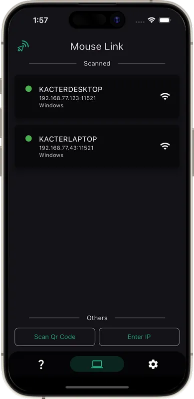 Mouse Link iOS app listing computers found on the Wi-Fi network